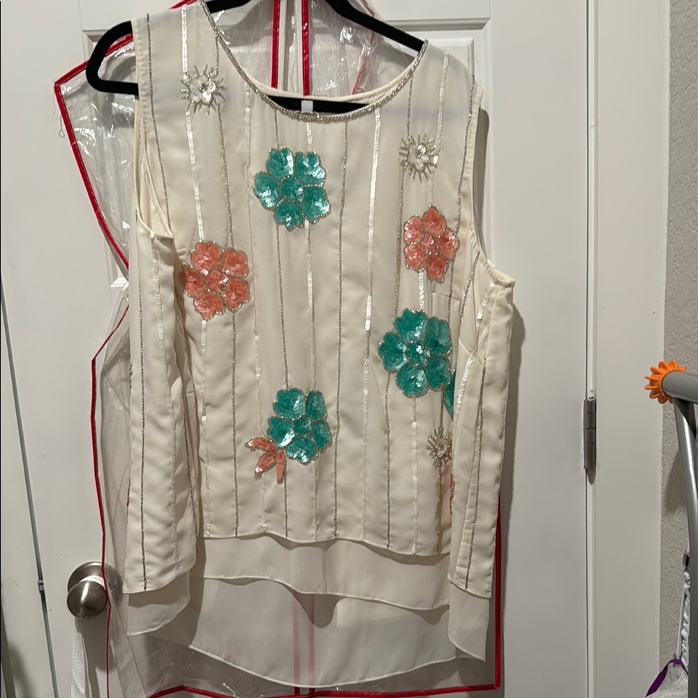 Simply Be Embellished Asymmetrical Blouse in White and Pink